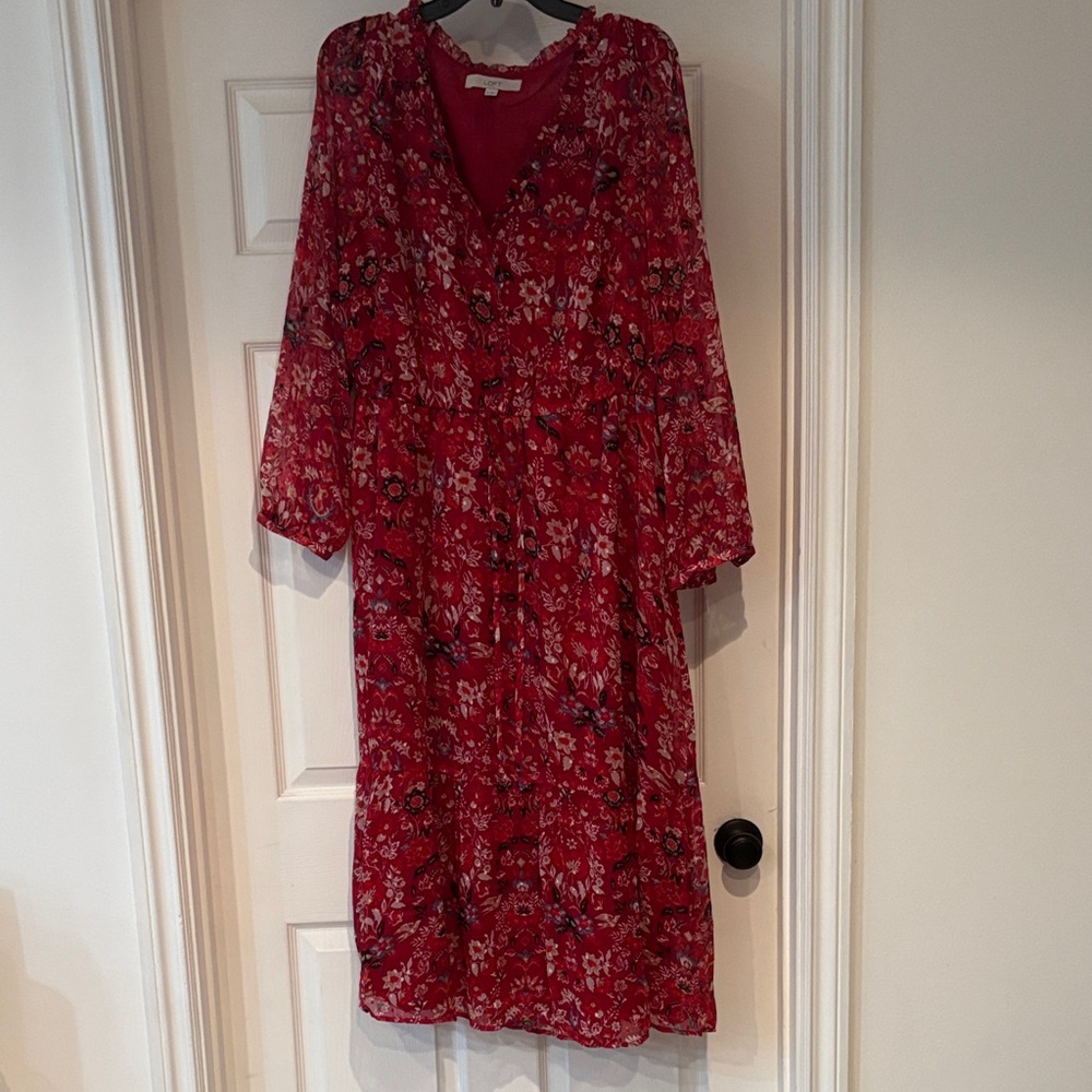 LOFT Red Floral Long Sleeve Dress
